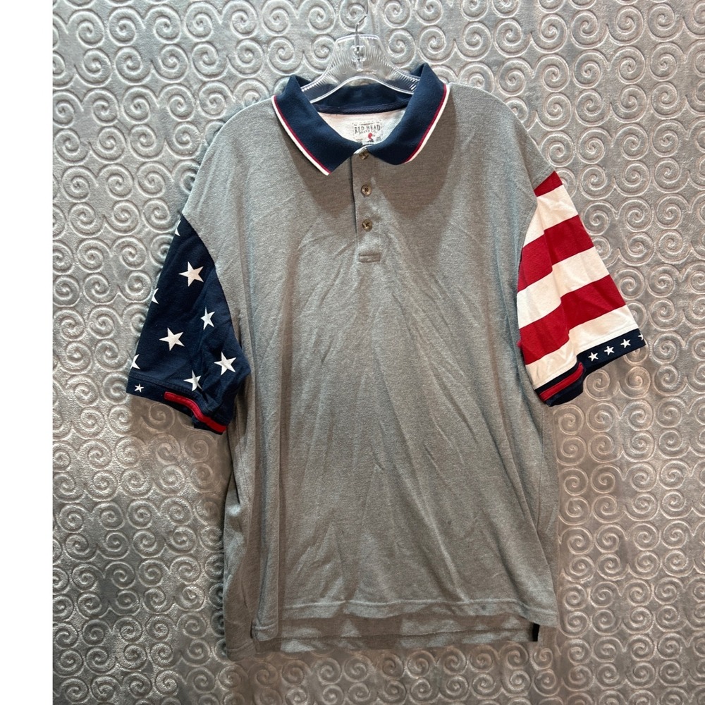 Red Head Brand Co Mens XL Gray Polo Shirt Patriotic Flag Stars‎ Stripes Sleeves